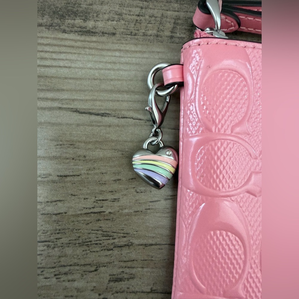 Coach Pink Corner Zip Wristlet In Signature Leather With Heart Charm - Picture 7 of 7